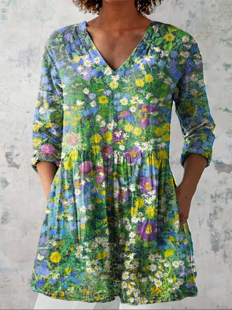Women's Vintage Floral Art Print Casual Cotton Linen V-neck Shirt