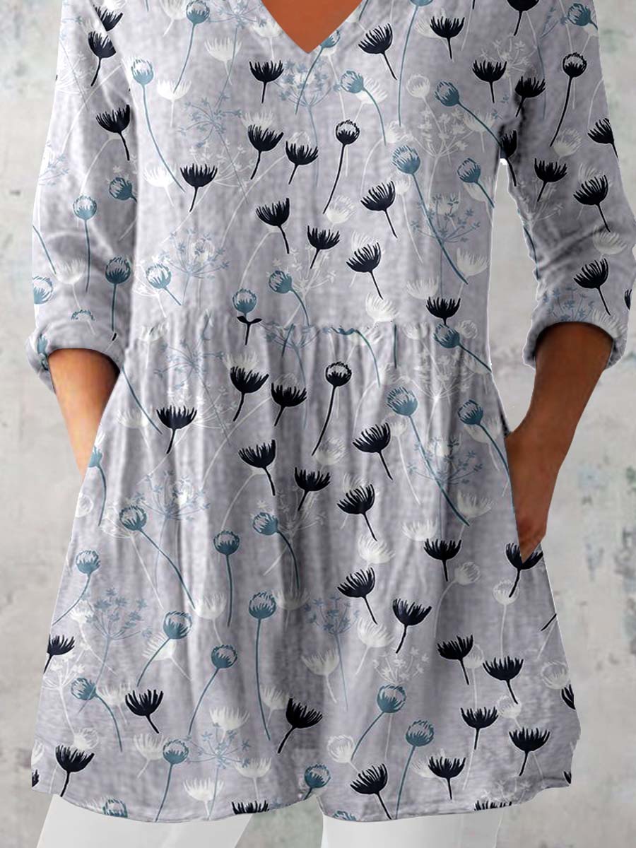 Women's Elegant Floral Print Pattern Cotton and Linen Top
