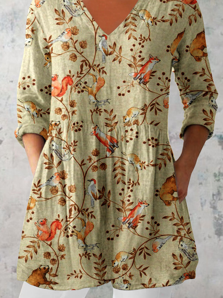 Women's Elegant Floral Pattern Cotton and Linen Top