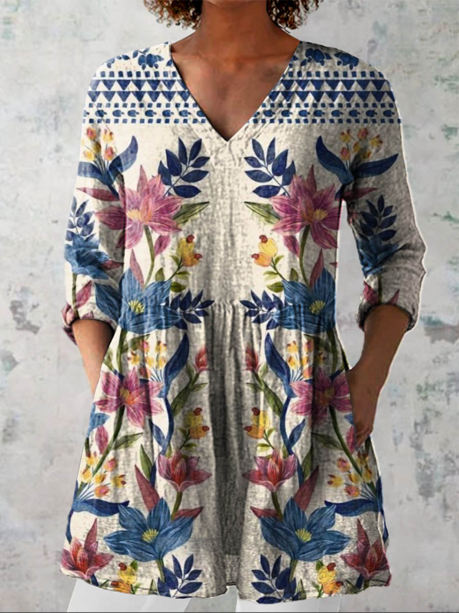 Women's Vintage Lovely Floral Art Print Casual Linen V-neck Shirt