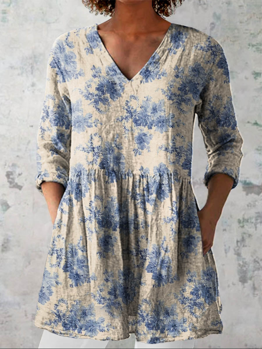 Women's Vintage Lovely Floral Art Print Casual Cotton Linen V-neck Shirt