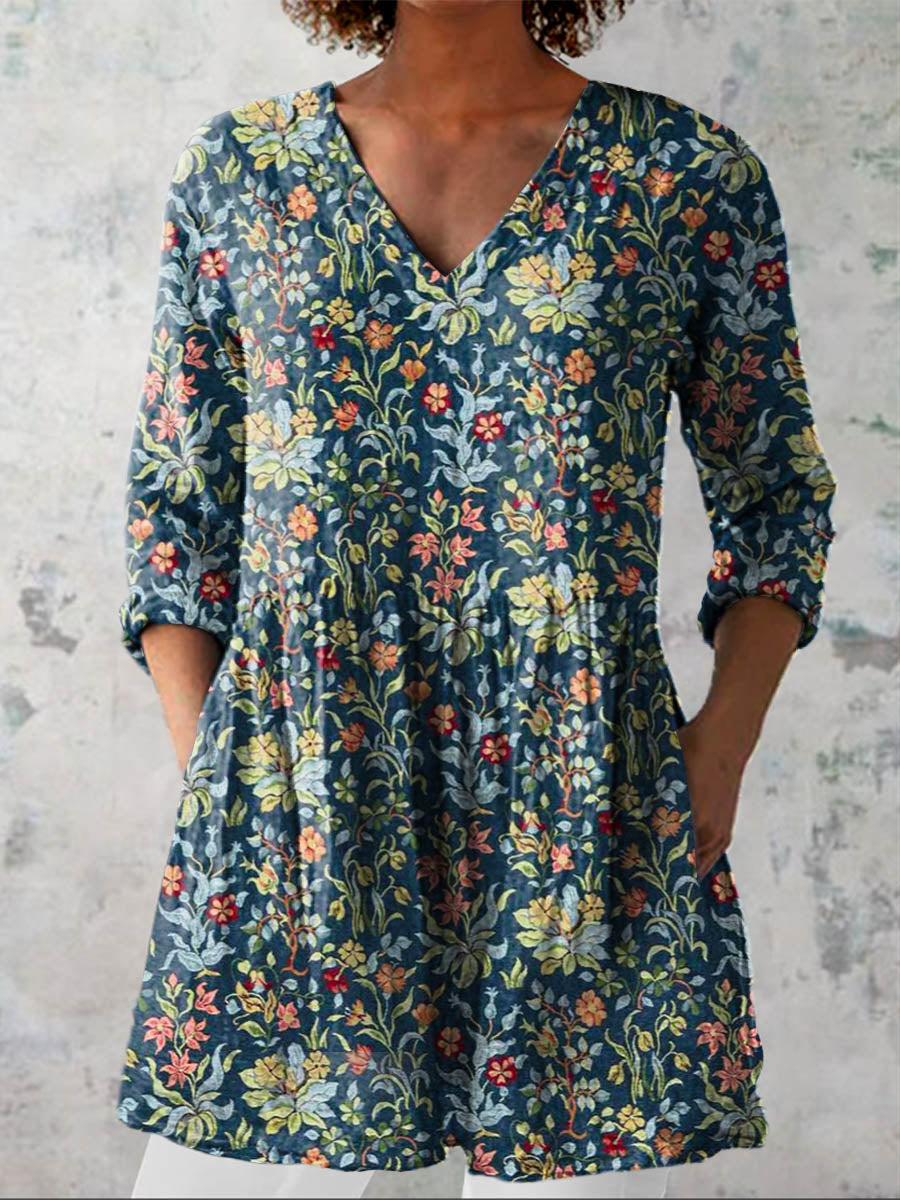 Women's Vintage Floral Art Print Casual Cotton Linen V-neck Shirt