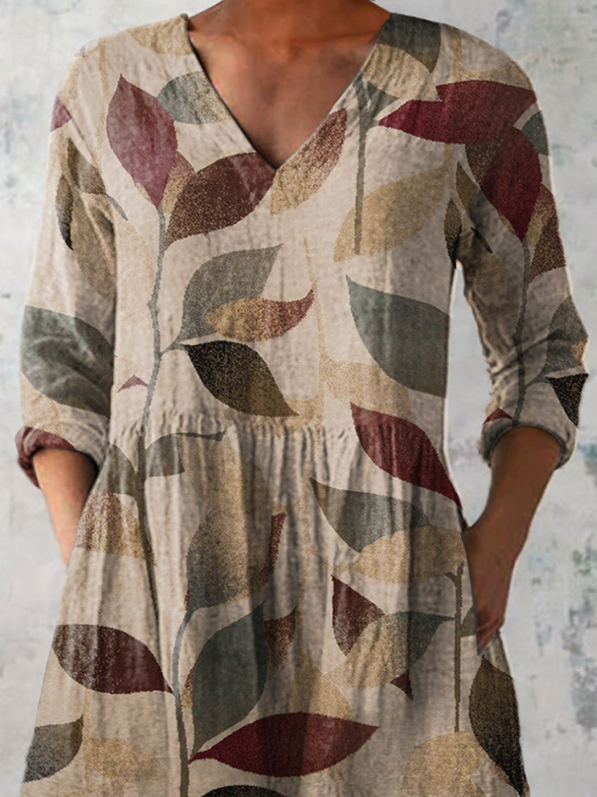 Vintage Bough Pattern Printed Women's Casual Linen V-Neck Shirt