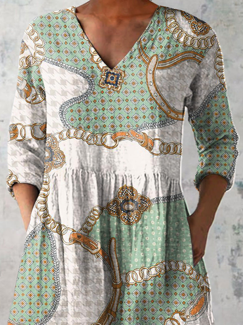 Retro Patchwork Pattern Printed Women's Casual Linen V-Neck Shirt
