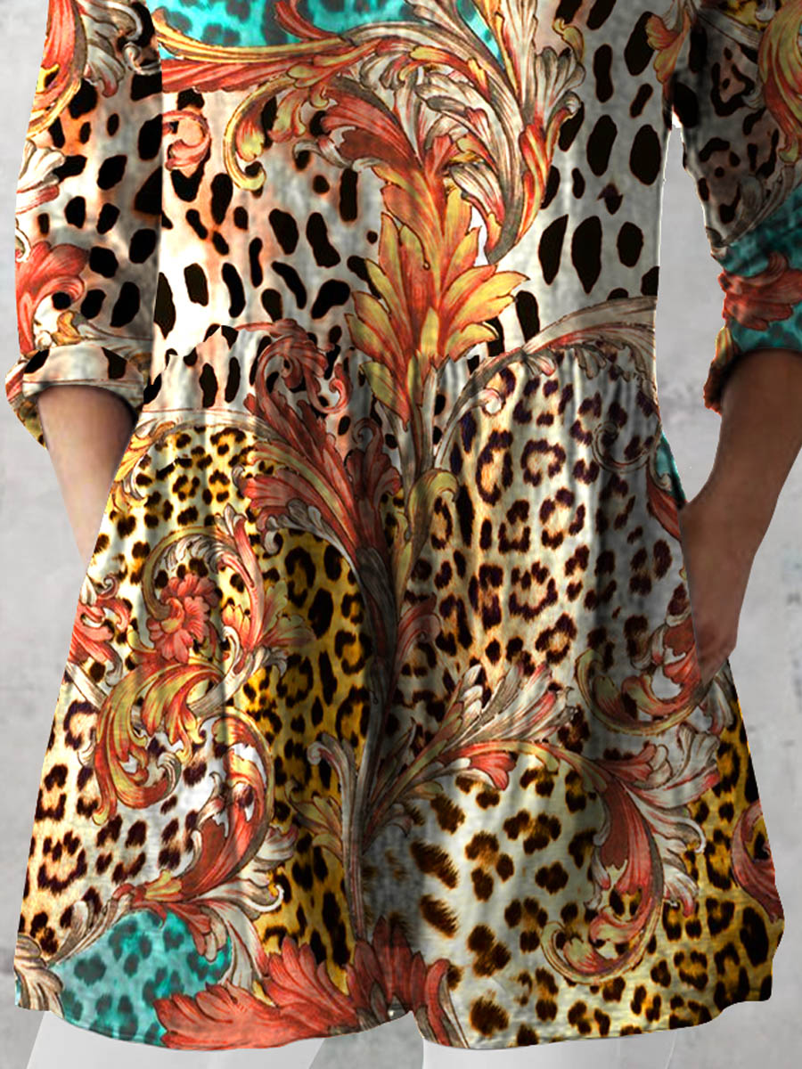 Women's Retro Leopard Floral Art Print Casual Cotton And Linen V-neck Top