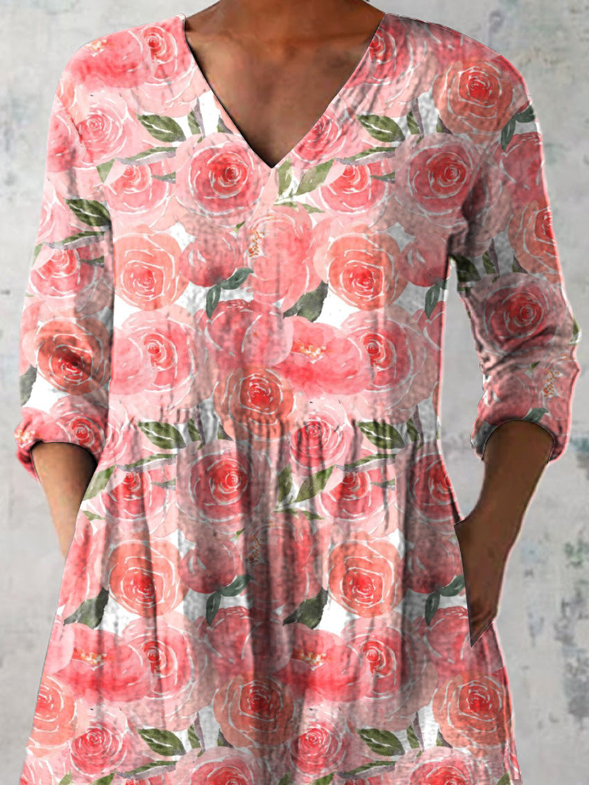 Watercolor French Rose Pattern Printed Women's Casual Linen V-Neck Shirt