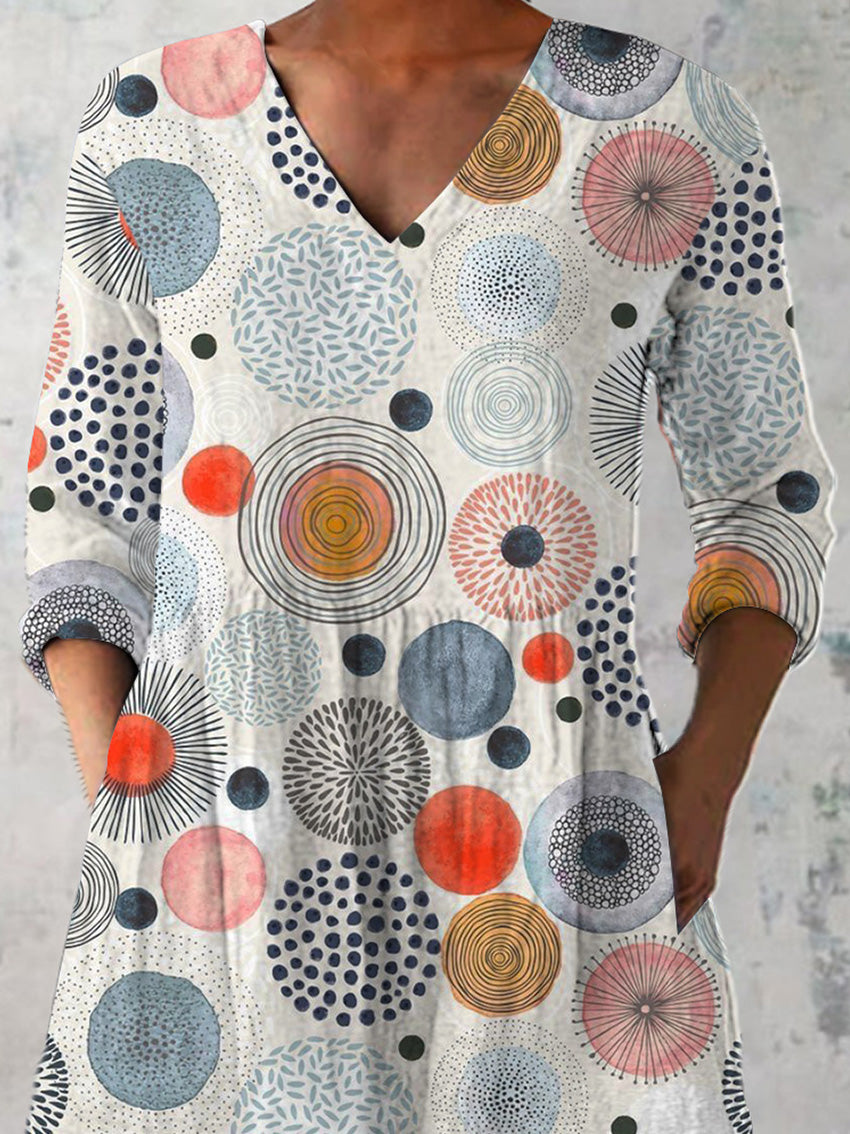 Watercolor Abstract Pattern Printed Women's Casual Linen V-Neck Shirt