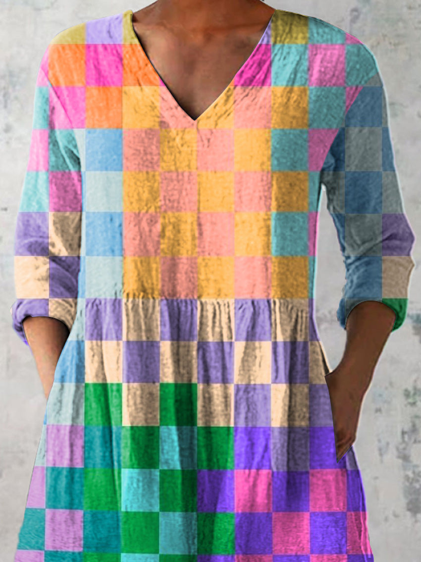 Colorful Geometric Check Pattern Printed Women's Casual Linen V-Neck Shirt