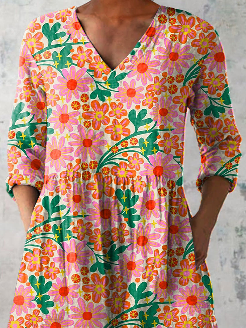 Retro Daisy Floral Pattern Printed Women's Casual Linen V-Neck Shirt