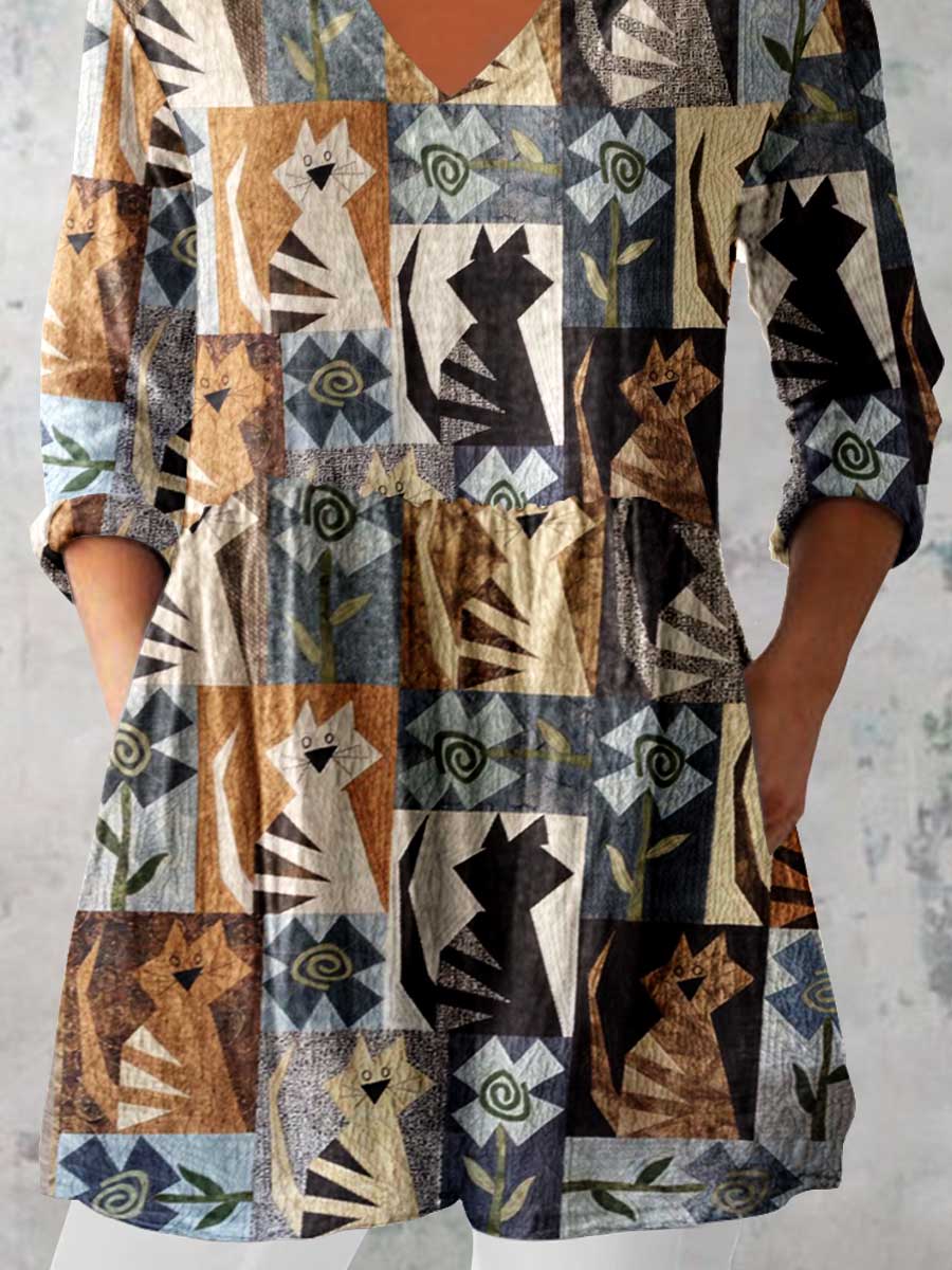 Women's Art Geometric Cat Print V-Neck Cotton and Linen Top