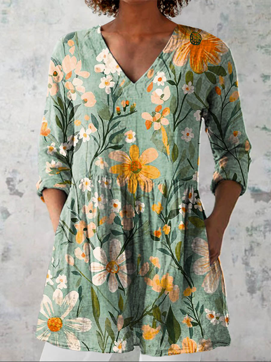 Women's Vintage Floral Art Print Casual Cotton Linen V-neck Shirt