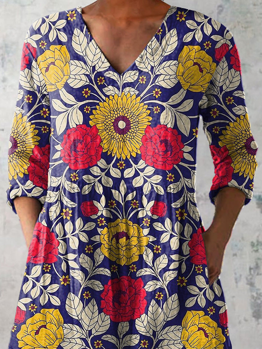 Vintage Symmetrical Floral Pattern Printed Women's Casual Linen V-Neck Shirt