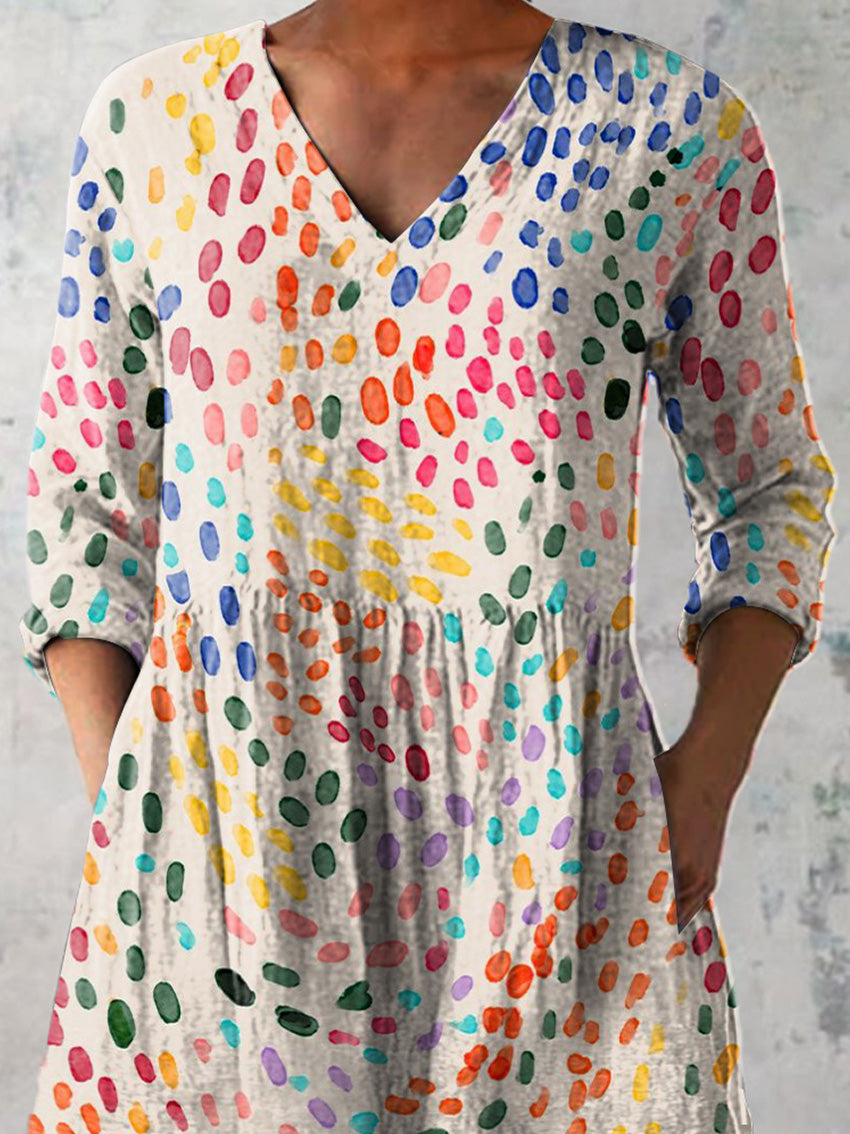 Watercolor Polka Dot Pattern Printed Women's Casual Linen V-Neck Shirt