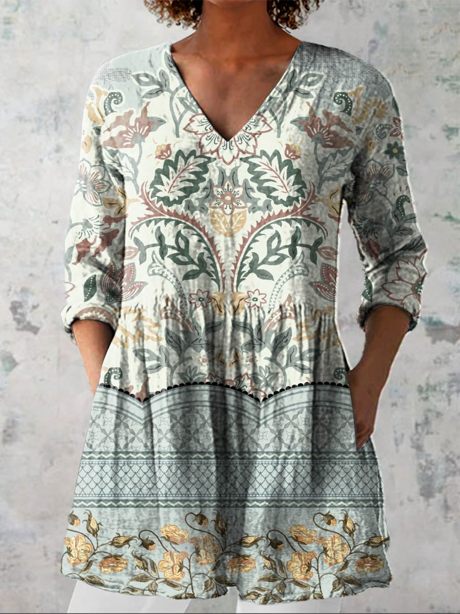 Women's Vintage Lovely Floral Art Print Casual Linen V-neck Shirt