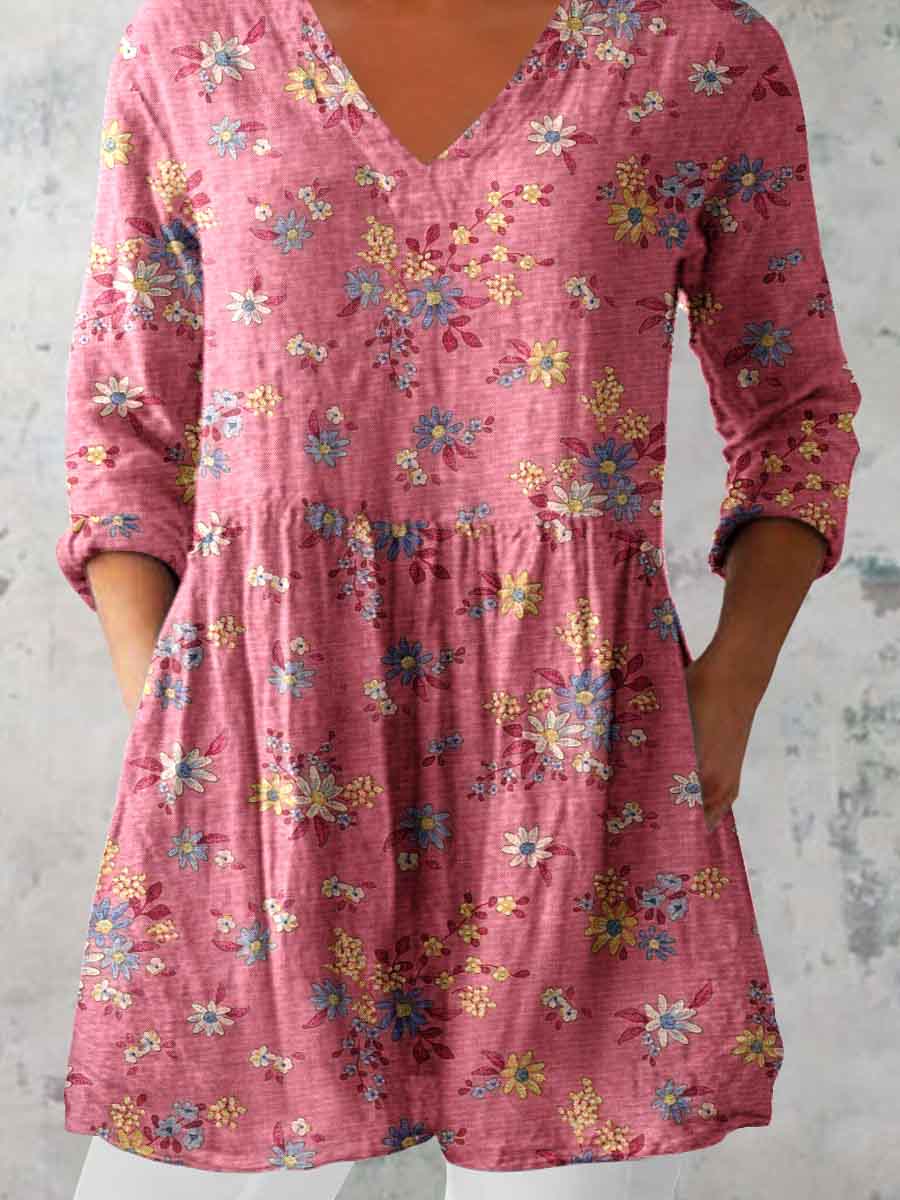 Women's Elegant Floral Pattern Round Neck Cotton and Linen Top