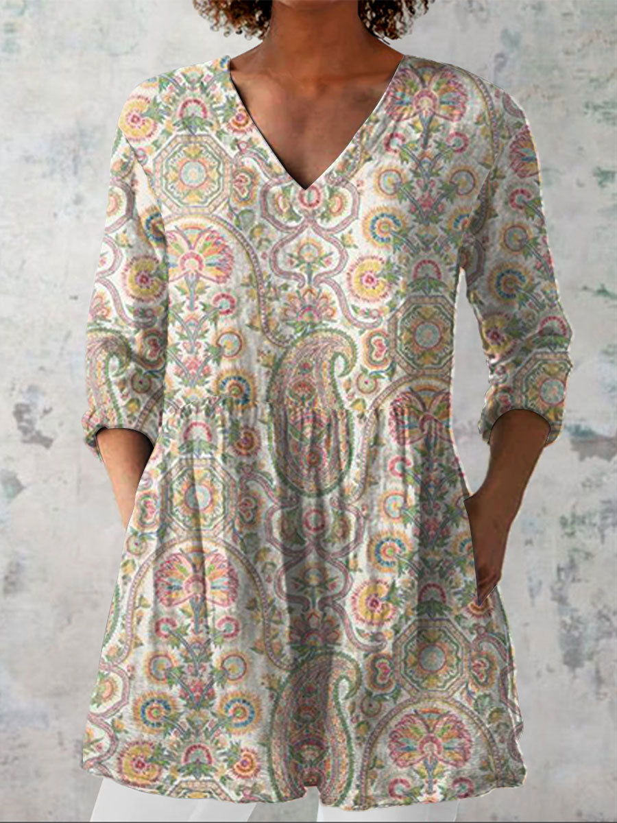 Women's Boho Flowers Art Print Casual Linen V-neck Shirt