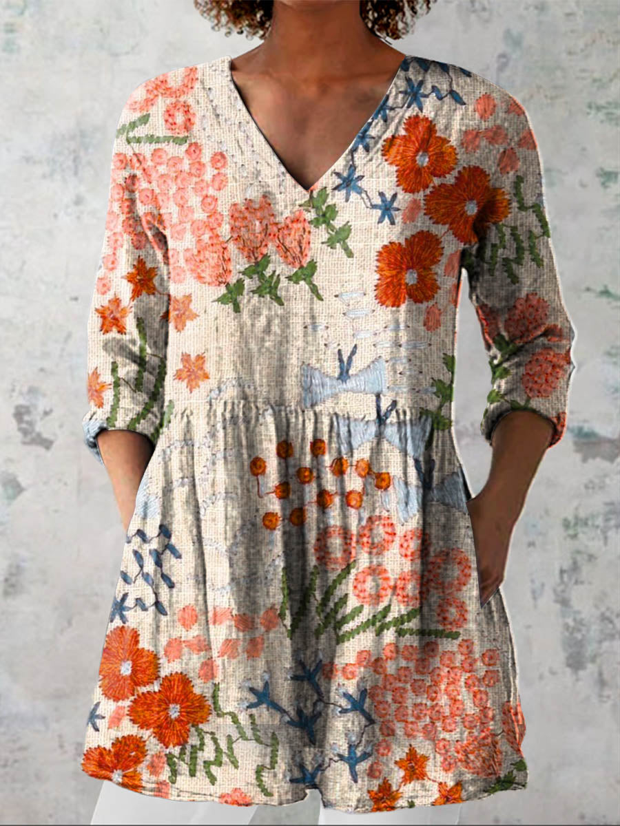 Women's Vintage Floral Art Print Casual Cotton Linen V-neck Shirt