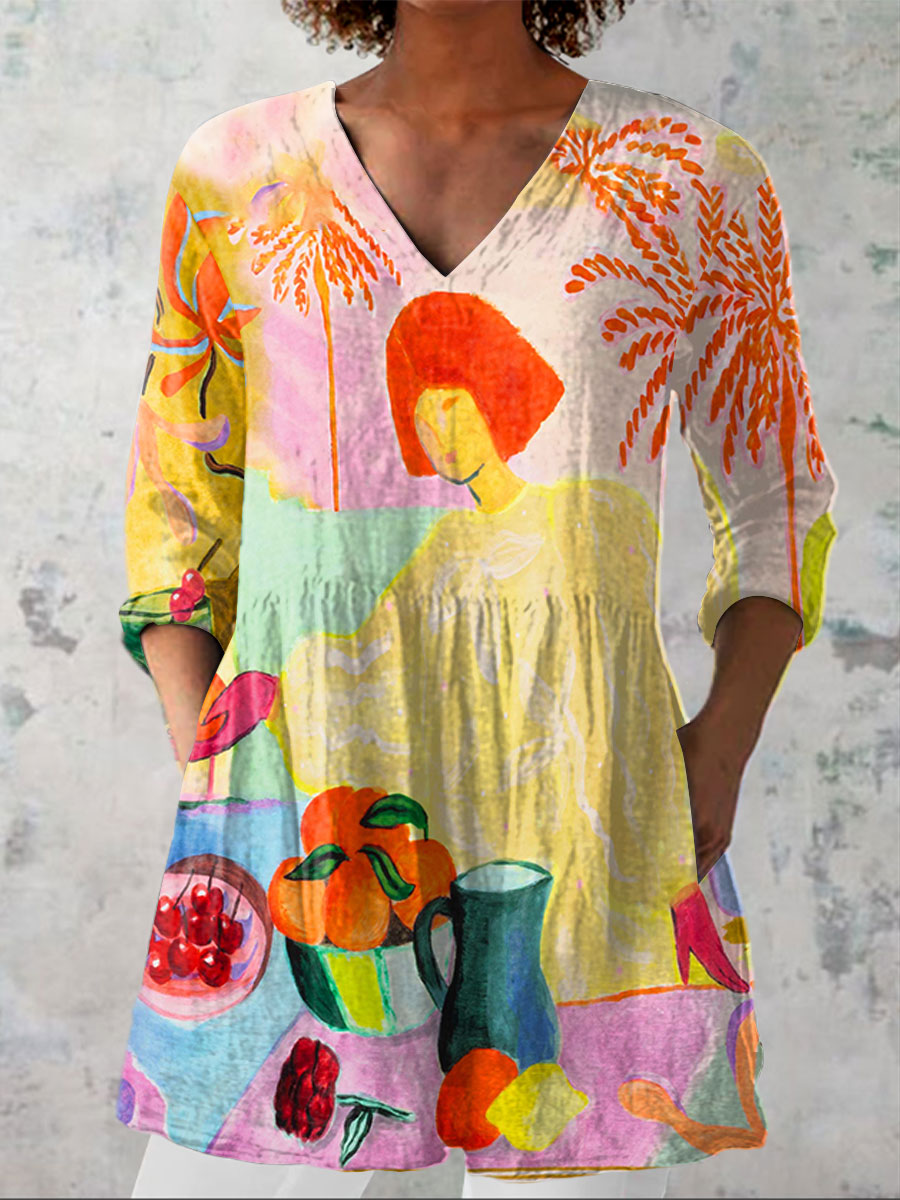 Women's Vintage Art Print Casual Linen V-neck Shirt