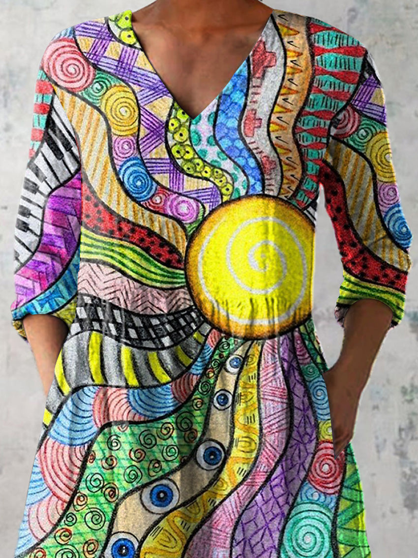 Colorful Sun Art Printed Women's Casual Linen V-Neck Shirt