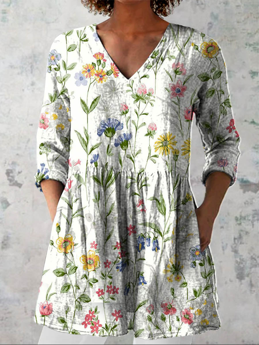 Women's Lovely Floral Pattern Art Print Casual Cotton Linen V-neck Shirt