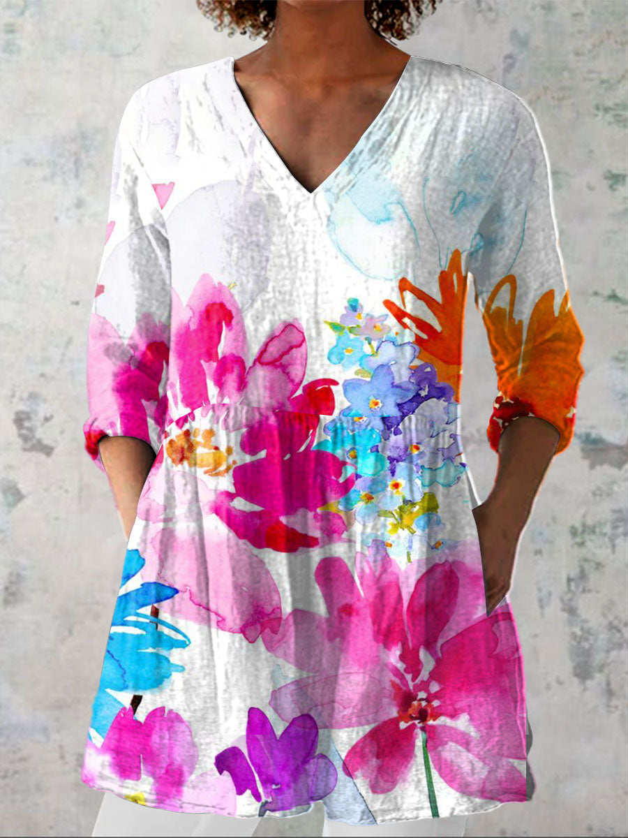 Women's Watercolor Flowers Art Print Casual Linen V-neck Shirt