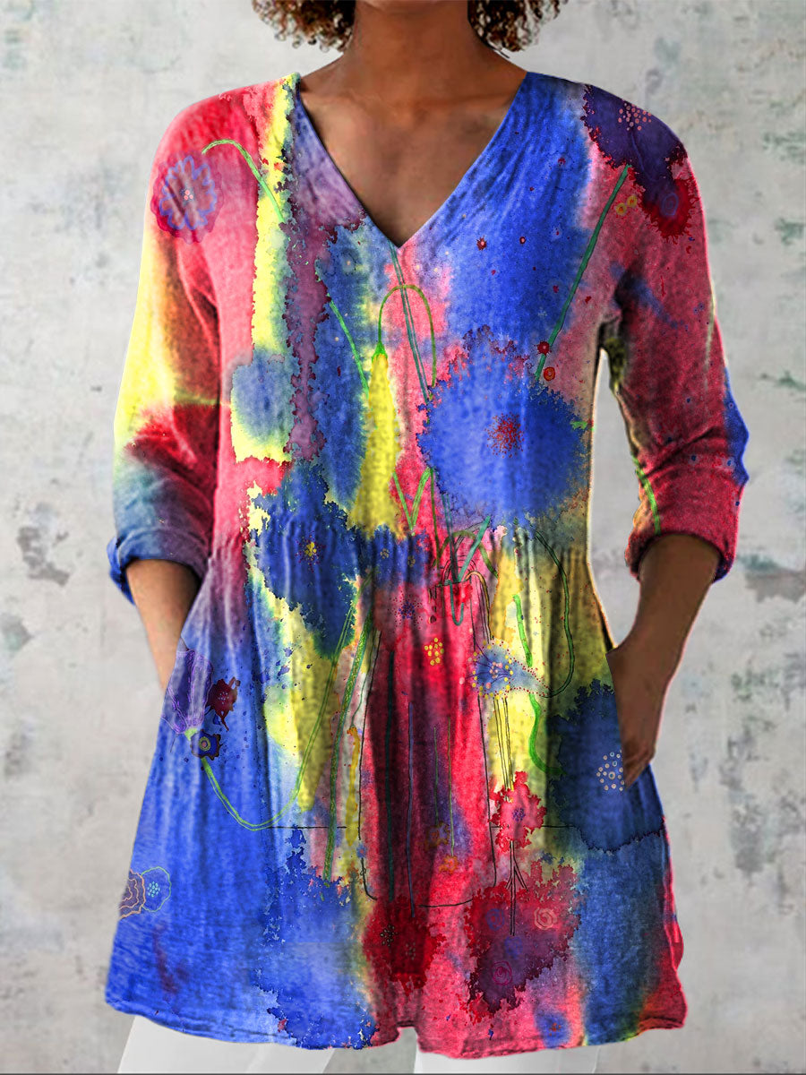 Women's Colorful Flower Art Print Casual Linen V-neck Shirt