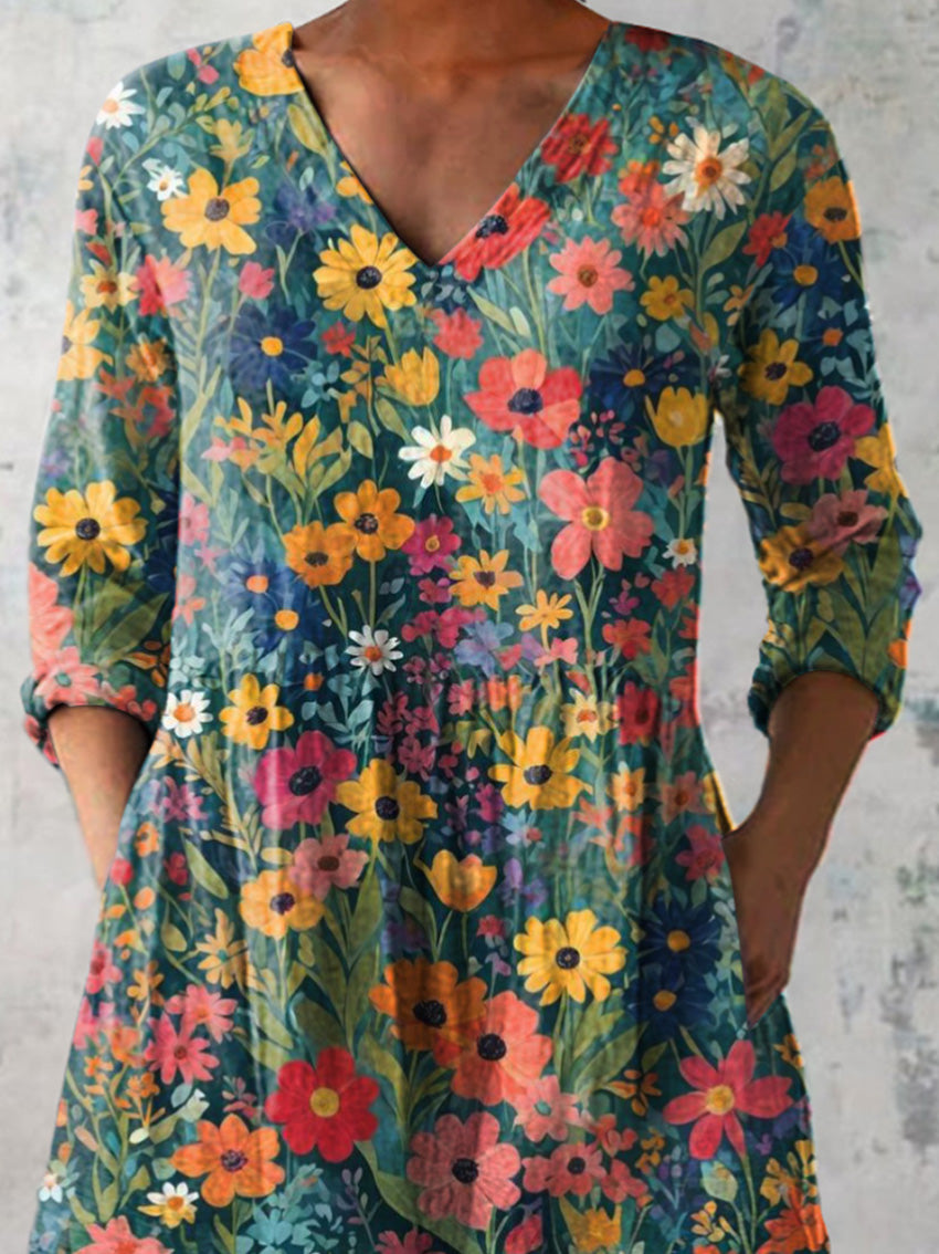 Oil Painting Summer Floral Pattern Printed Women's Casual Linen V-Neck Shirt