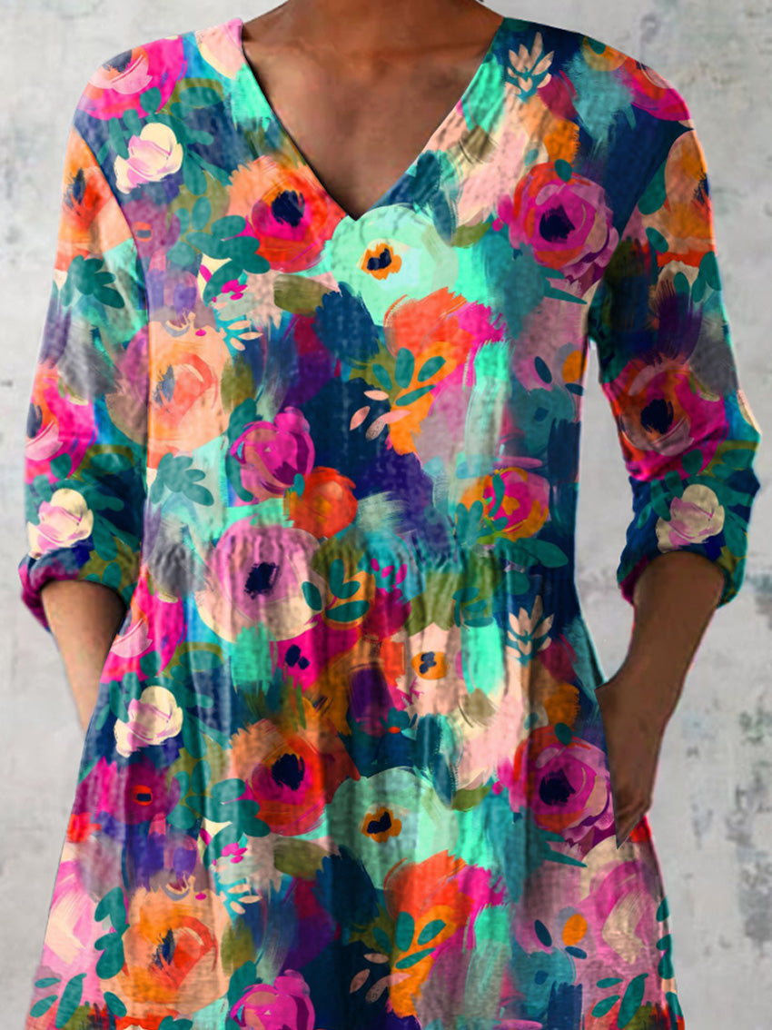 Oil Painting Rose Pattern Printed Women's Casual Linen V-Neck Shirt