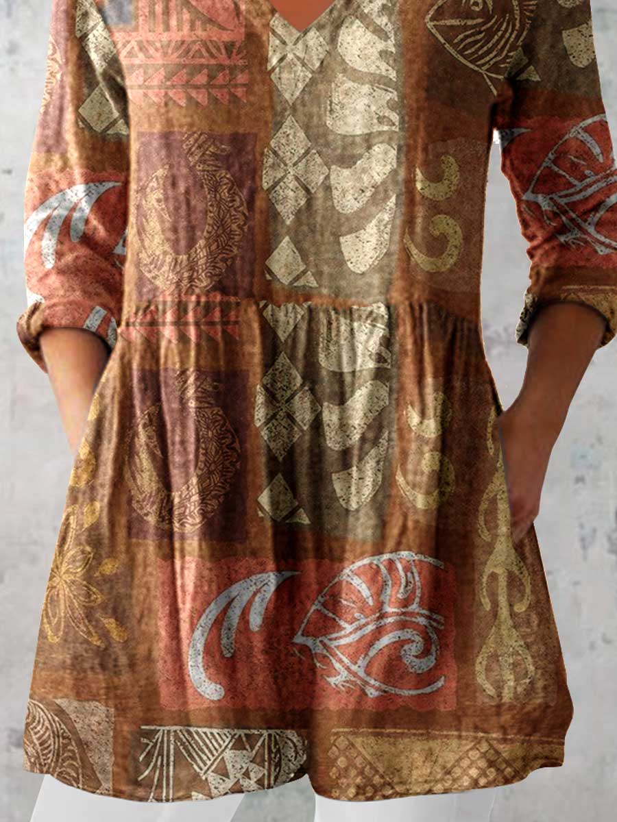 Women's Artistic Geometric Pattern Cotton and Linen Top