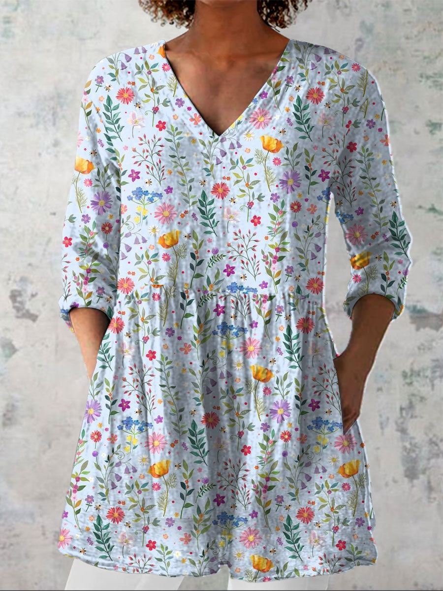 Women's Country Style Flowers Art Print Casual Linen V-neck Shirt