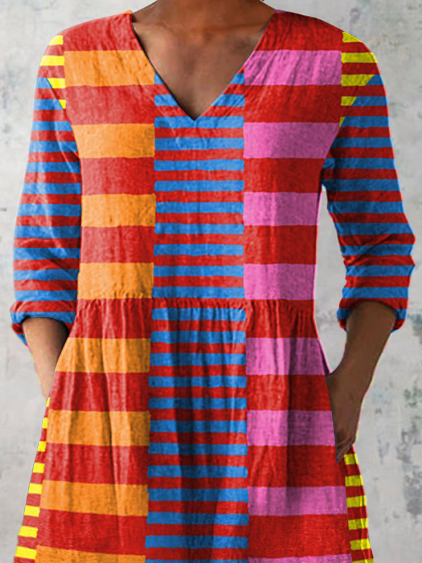 Mid-Century Bauhaus Geometric Pattern Printed Women's Casual Linen V-Neck Shirt