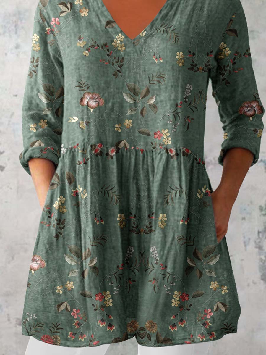 Women's Classic Round Neck Floral Pattern Cotton and Linen Top