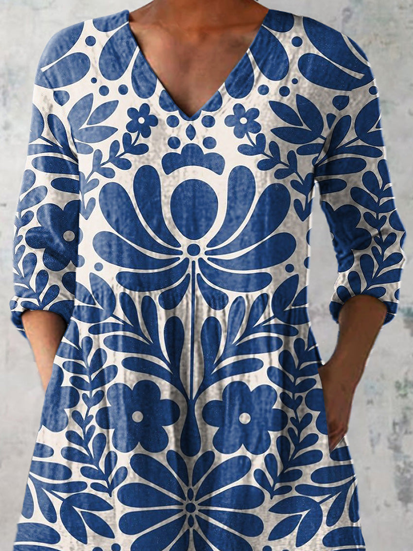 Vibrant Summer Floral Pattern Printed Women's Casual Linen V-Neck Shirt