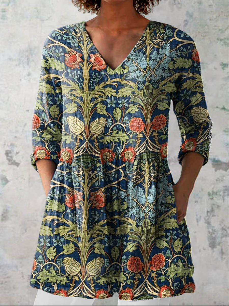 Women's Vintage Floral Art Print Casual Cotton Linen V-neck Shirt