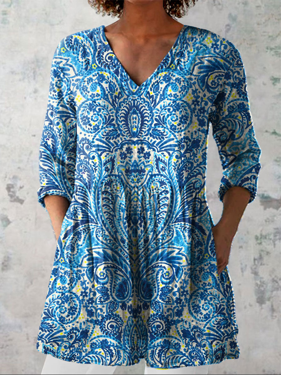 Women's Vintage Floral Print Casual Linen V-neck Shirt
