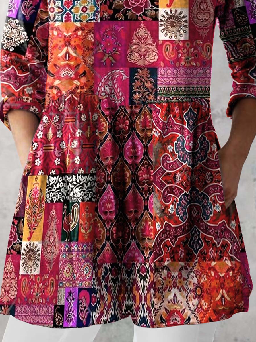 Women's Retro Floral Art Print Casual Cotton And Linen V-neck Top