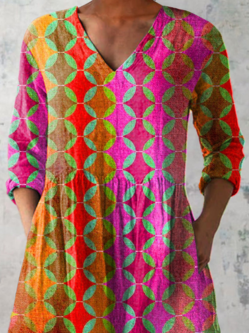 Summer Geometric Pattern Printed Women's Casual Linen V-Neck Shirt