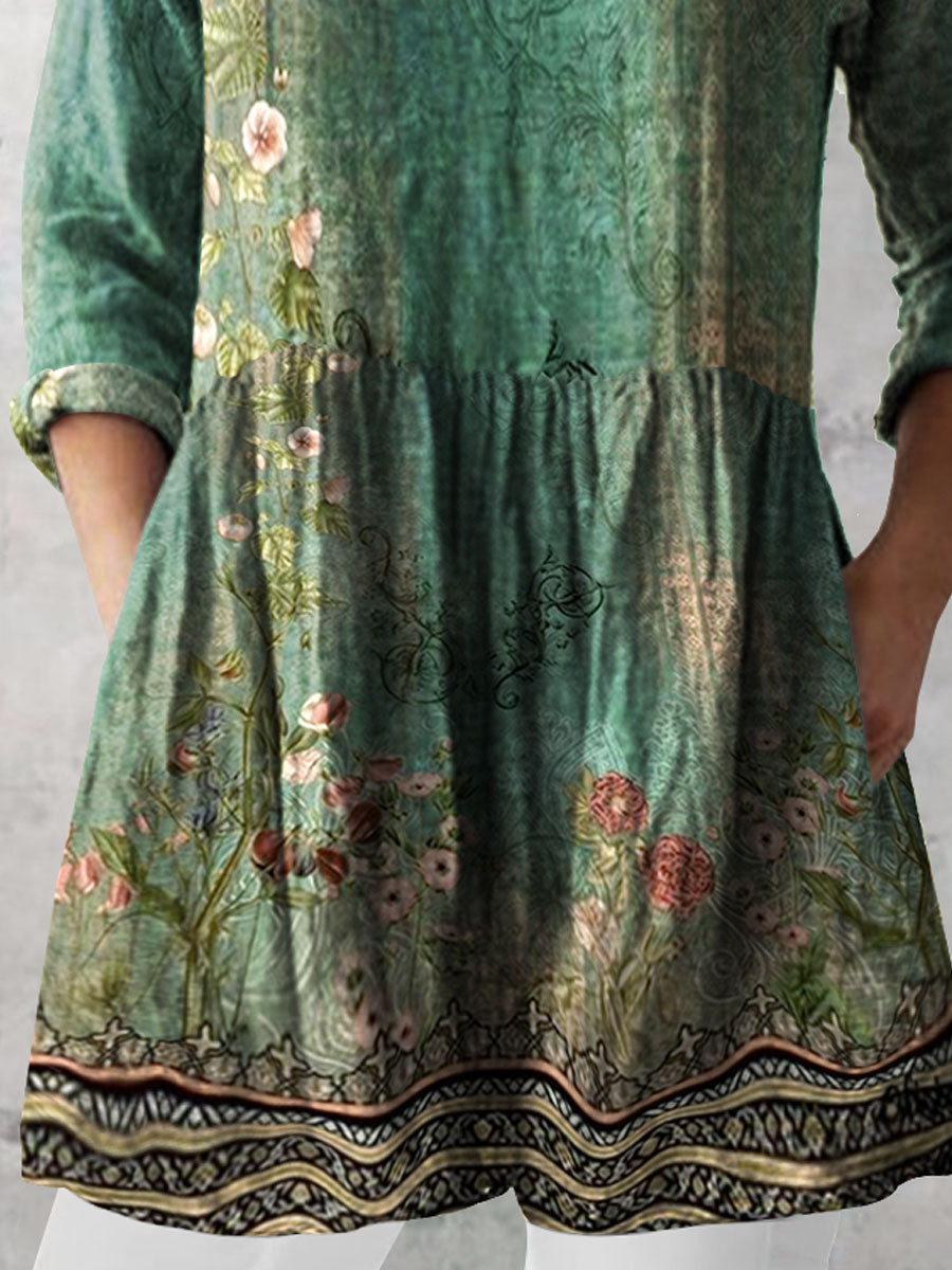 Women's Retro Floral Art Print Casual Cotton And Linen V-neck Top