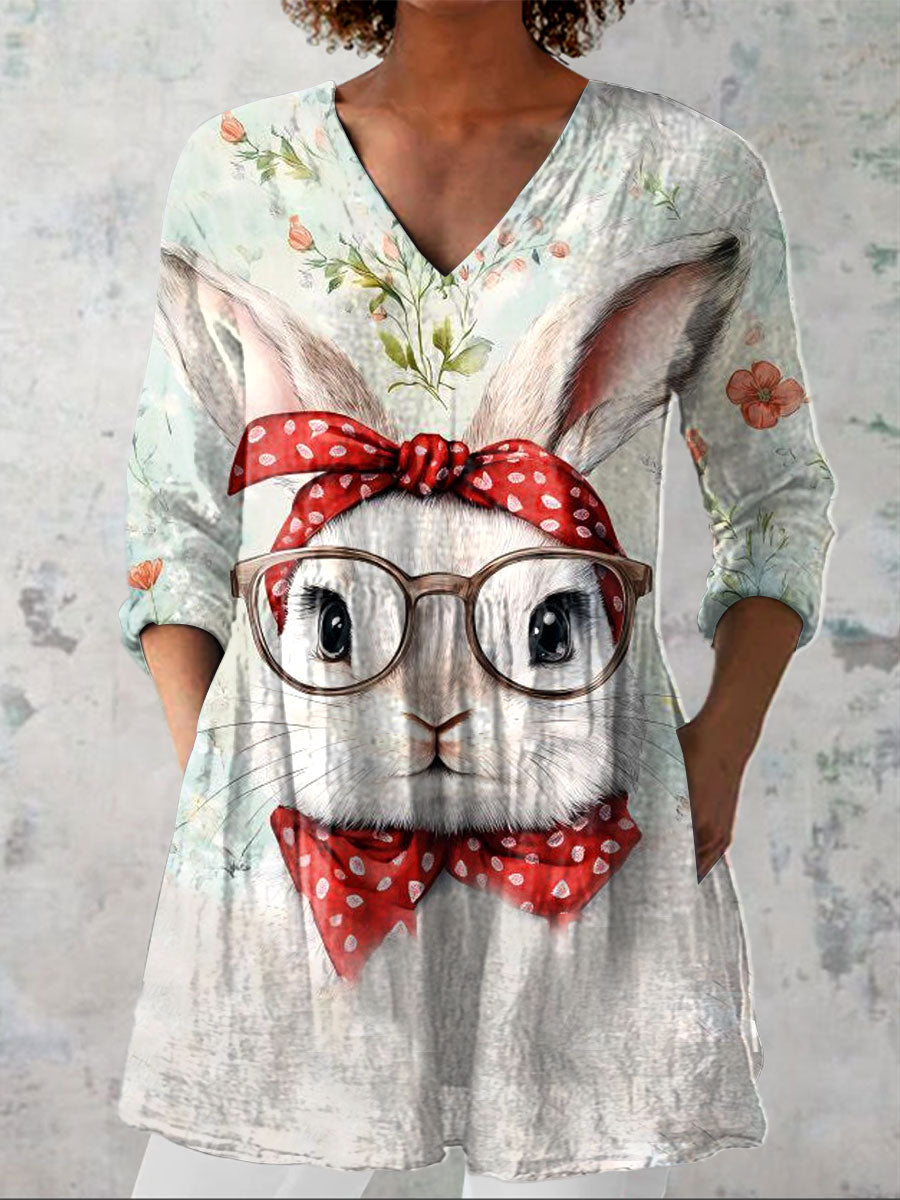 Women's Vintage Easter Bunny Art Print Casual Linen V-neck Shirt