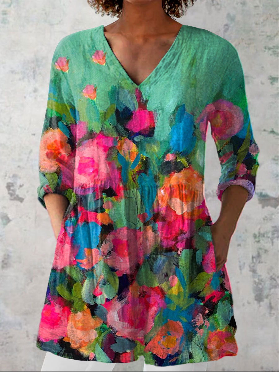 Women's Vintage Flowers Print Casual Linen V-neck Shirt