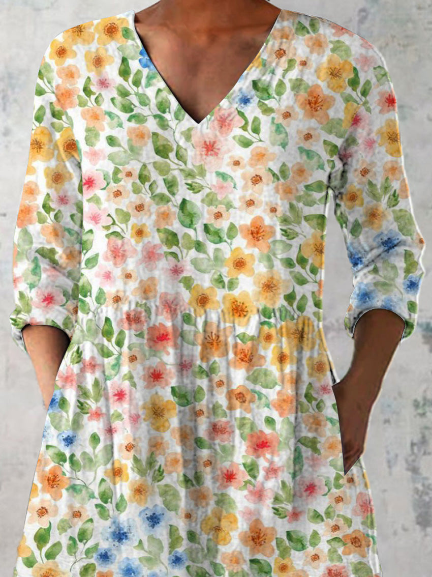 Watercolor Spring Meadows Floral Pattern Printed Women's Casual Linen V-Neck Shirt