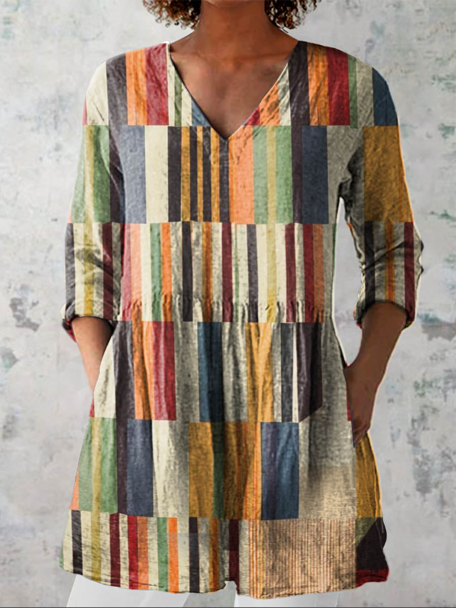 Women's Abstract Geometric Pattern Art Print Casual Cotton Linen V-neck Shirt