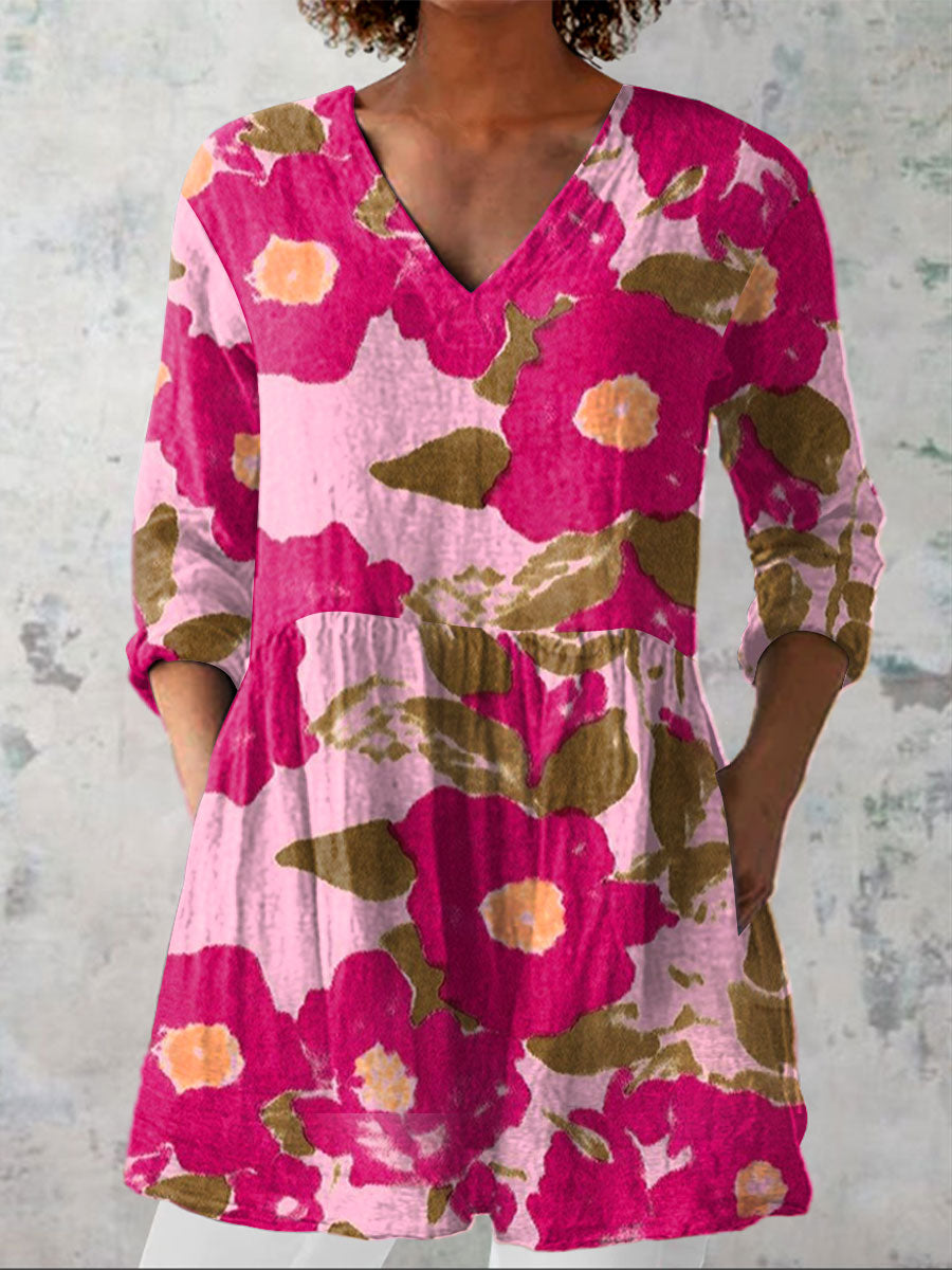 Women's Vintage Floral Print Casual Linen V-neck Shirt