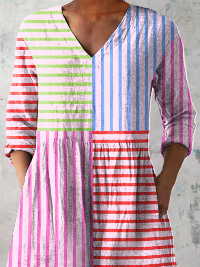 Multicolor Geometric Strip Pattern Printed Women's Casual Linen V-Neck Shirt