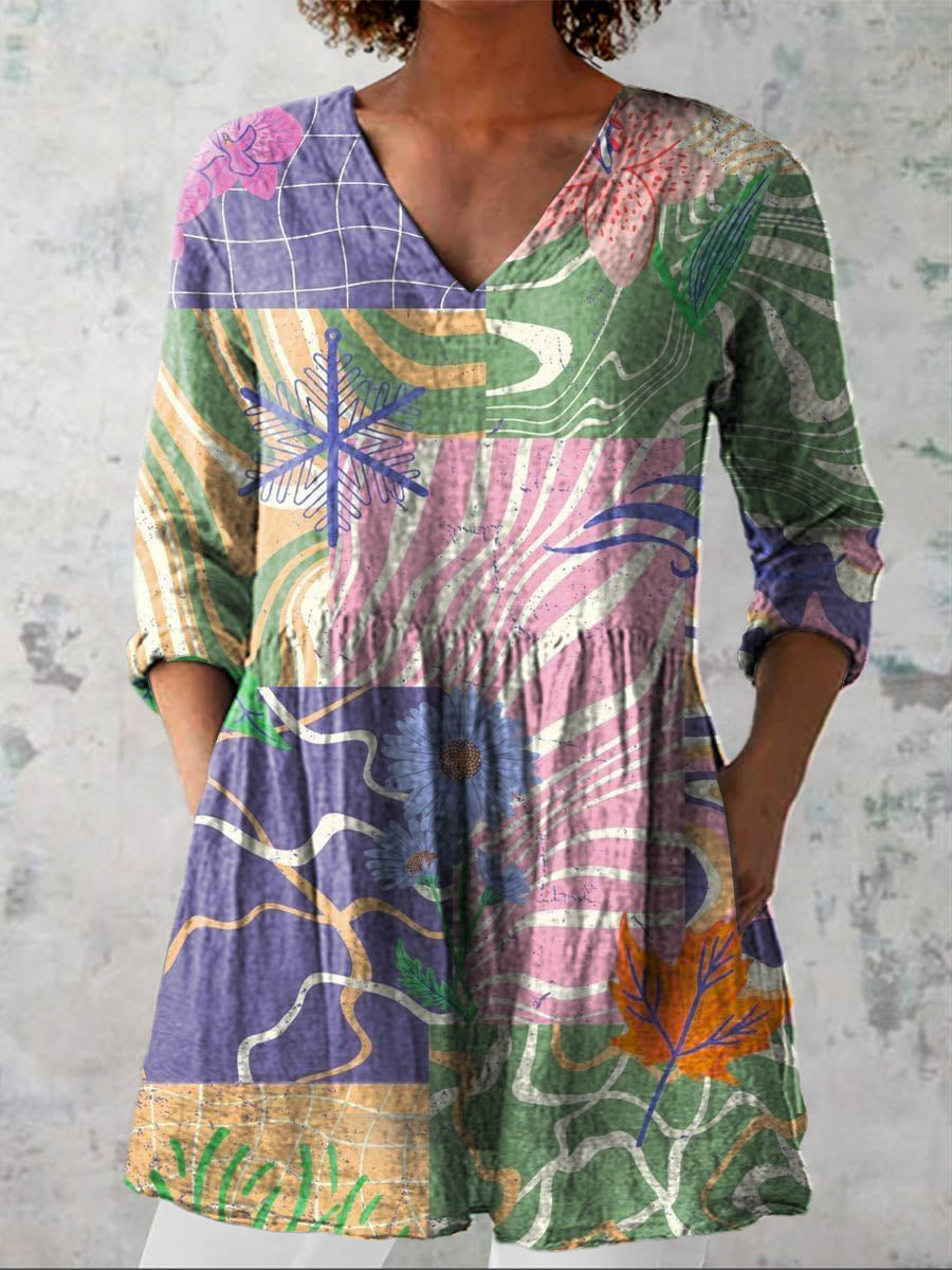 Women's Vintage Lovely Floral Art Print Casual Linen V-neck Shirt