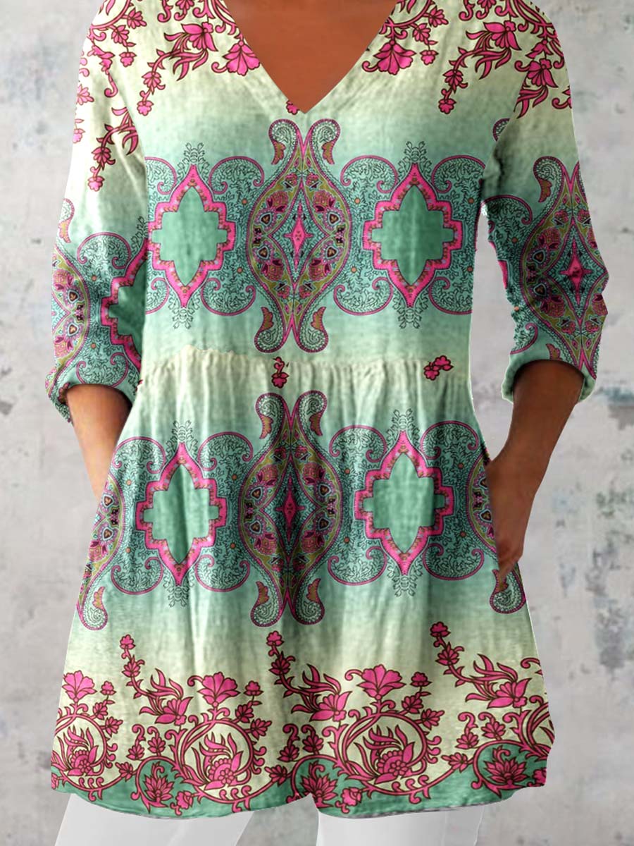 Women's Ethnic Geometric Print V-neck Cotton and Linen Top