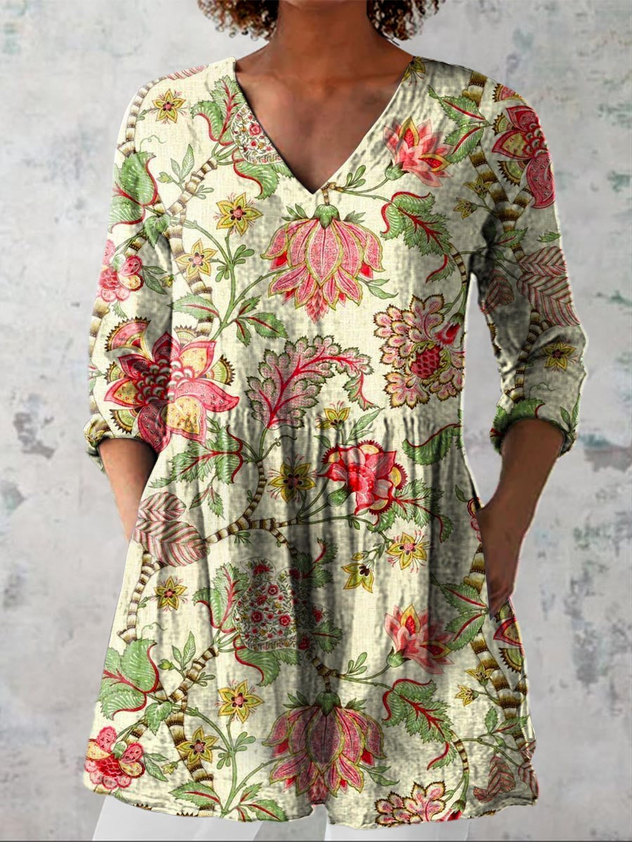 Women's Vintage Lovely Floral Art Print Casual Linen V-neck Shirt