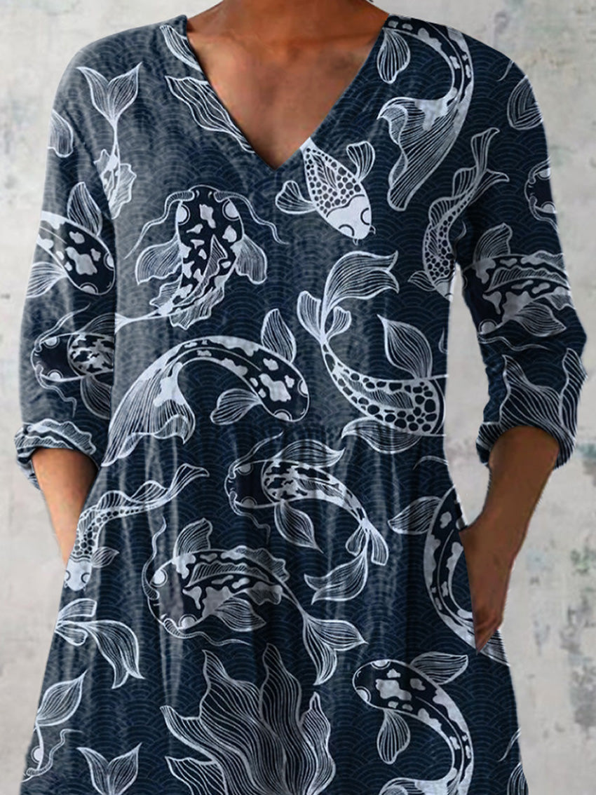 Japanese Koi Fish Pattern Printed Women's Casual Linen V-Neck Shirt