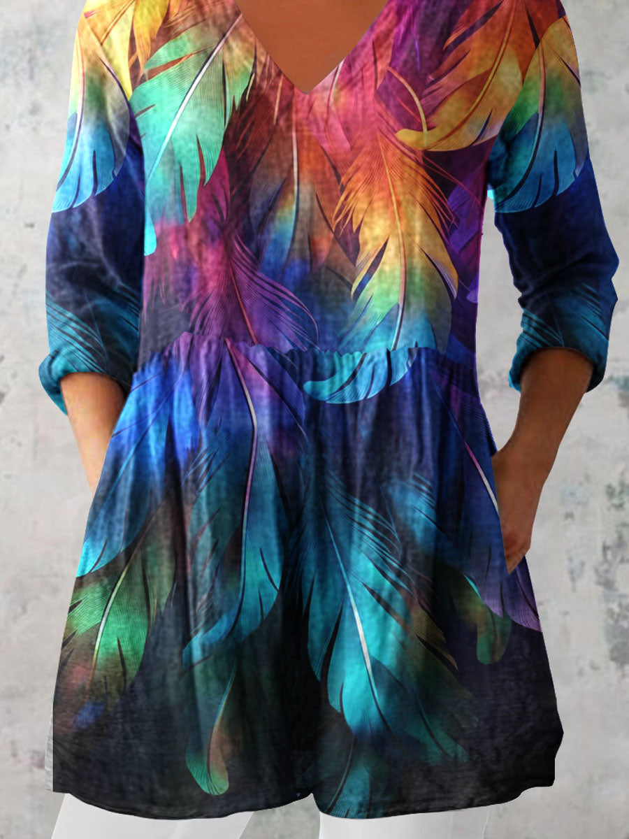 Women's Colorful Feather Pattern Cotton and linenTop