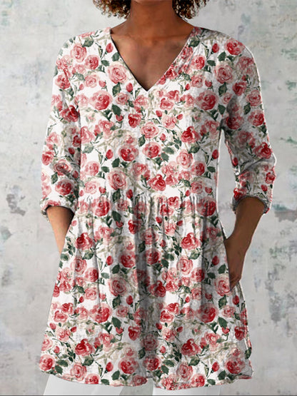 Watercolor French Rose Pattern Printed Women's Casual Linen V-Neck Shirt